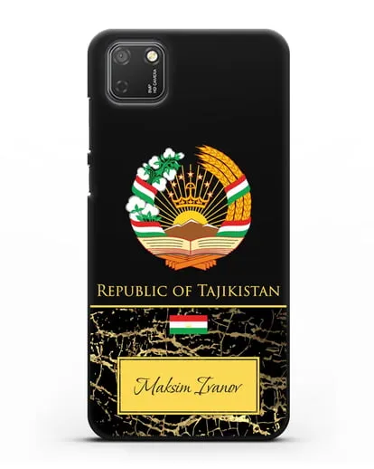 Чехол с гербом и флагом Республики Таджикистан с именем, фамилией на английском языке, черный мрамор силиконовый для Honor 9S