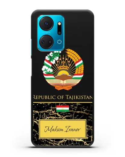 Чехол с гербом и флагом Республики Таджикистан с именем, фамилией на английском языке, черный мрамор силиконовый для Honor X7a Plus