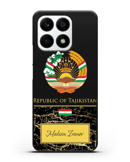 Чехол с гербом и флагом Республики Таджикистан с именем, фамилией на английском языке, черный мрамор силиконовый для Honor X8a