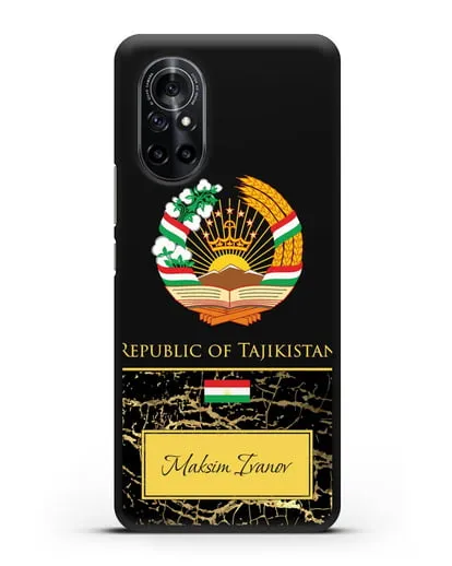 Чехол с гербом и флагом Республики Таджикистан с именем, фамилией на английском языке, черный мрамор силиконовый для Huawei Nova 8