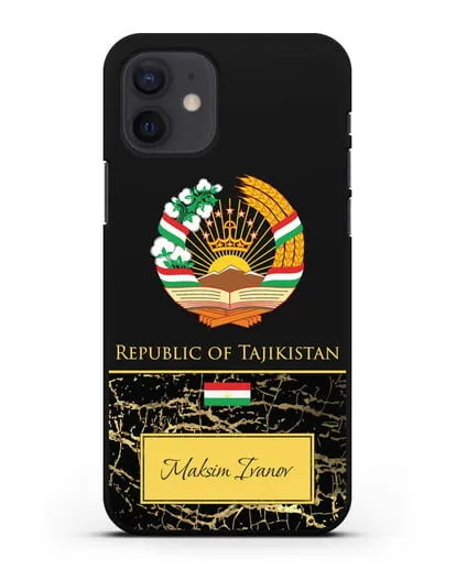 Чехол с гербом и флагом Республики Таджикистан с именем, фамилией на английском языке, черный мрамор силиконовый для iPhone 12