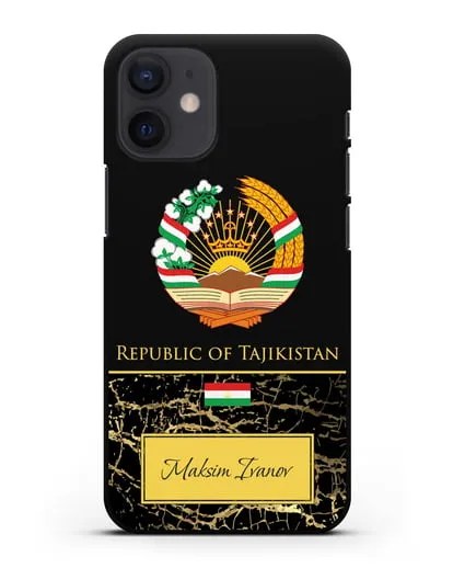 Чехол с гербом и флагом Республики Таджикистан с именем, фамилией на английском языке, черный мрамор силиконовый для iPhone 12 mini