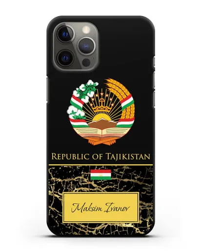 Чехол с гербом и флагом Республики Таджикистан с именем, фамилией на английском языке, черный мрамор силиконовый для iPhone 12 Pro Max