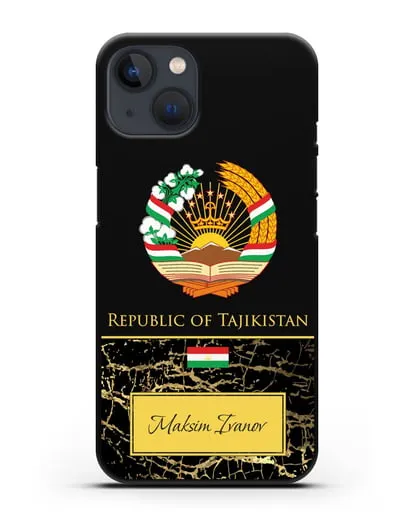 Чехол с гербом и флагом Республики Таджикистан с именем, фамилией на английском языке, черный мрамор силиконовый для iPhone 13
