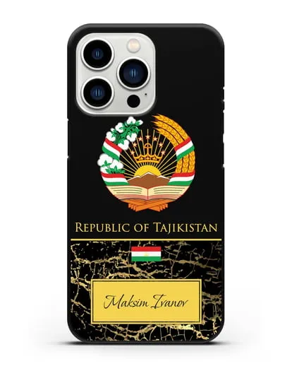 Чехол с гербом и флагом Республики Таджикистан с именем, фамилией на английском языке, черный мрамор силиконовый для iPhone 13 Pro