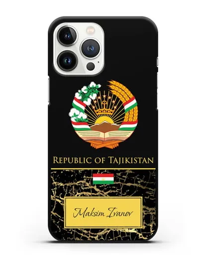Чехол с гербом и флагом Республики Таджикистан с именем, фамилией на английском языке, черный мрамор силиконовый для iPhone 13 Pro Max