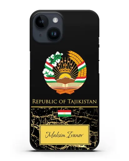 Чехол с гербом и флагом Республики Таджикистан с именем, фамилией на английском языке, черный мрамор силиконовый для iPhone 14