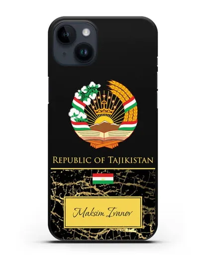 Чехол с гербом и флагом Республики Таджикистан с именем, фамилией на английском языке, черный мрамор силиконовый для iPhone 14 Plus