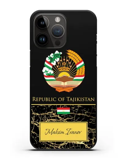 Чехол с гербом и флагом Республики Таджикистан с именем, фамилией на английском языке, черный мрамор силиконовый для iPhone 14 Pro Max