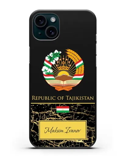 Чехол с гербом и флагом Республики Таджикистан с именем, фамилией на английском языке, черный мрамор силиконовый для iPhone 15 Plus