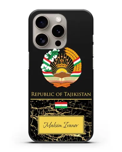 Чехол с гербом и флагом Республики Таджикистан с именем, фамилией на английском языке, черный мрамор силиконовый для iPhone 15 Pro