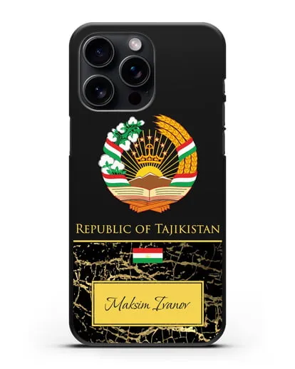 Чехол с гербом и флагом Республики Таджикистан с именем, фамилией на английском языке, черный мрамор силиконовый для iPhone 15 Pro Max