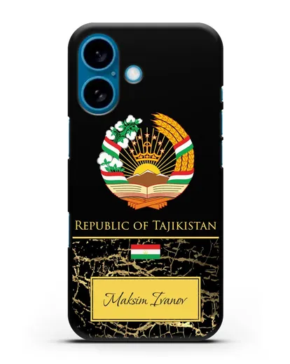 Чехол с гербом и флагом Республики Таджикистан с именем, фамилией на английском языке, черный мрамор силиконовый для iPhone 16