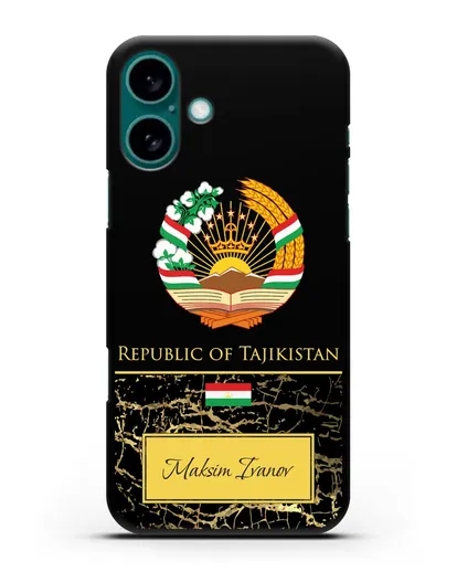 Чехол с гербом и флагом Республики Таджикистан с именем, фамилией на английском языке, черный мрамор силиконовый для iPhone 16 Plus