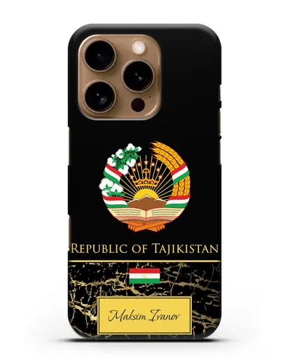 Чехол с гербом и флагом Республики Таджикистан с именем, фамилией на английском языке, черный мрамор силиконовый для iPhone 16 Pro