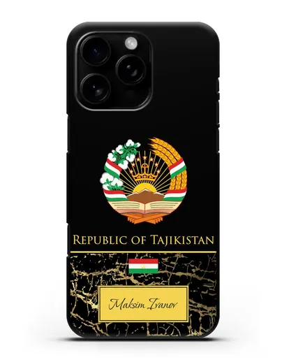 Чехол с гербом и флагом Республики Таджикистан с именем, фамилией на английском языке, черный мрамор силиконовый для iPhone 16 Pro Max