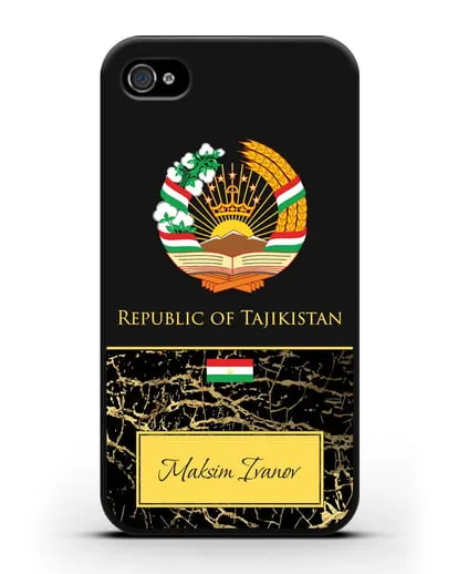 Чехол с гербом и флагом Республики Таджикистан с именем, фамилией на английском языке, черный мрамор силиконовый для iPhone 4/4s