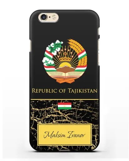 Чехол с гербом и флагом Республики Таджикистан с именем, фамилией на английском языке, черный мрамор силиконовый для iPhone 6