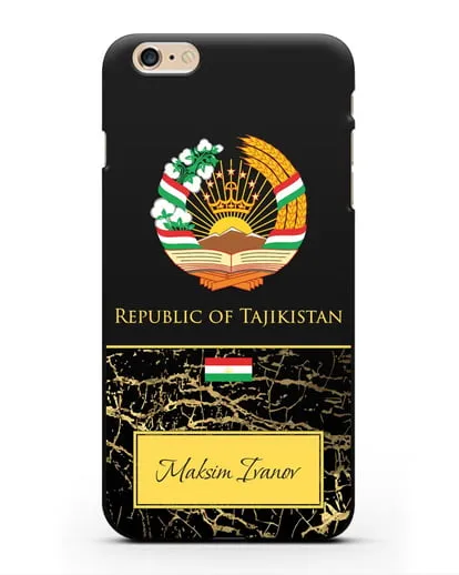 Чехол с гербом и флагом Республики Таджикистан с именем, фамилией на английском языке, черный мрамор силиконовый для iPhone 6 Plus