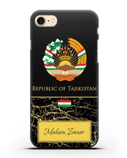 Чехол с гербом и флагом Республики Таджикистан с именем, фамилией на английском языке, черный мрамор силиконовый для iPhone 8