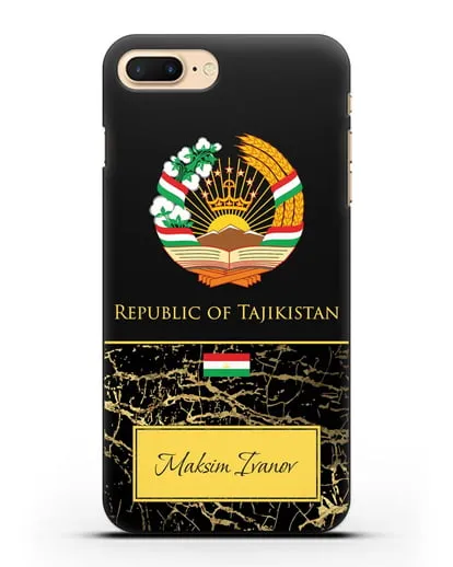 Чехол с гербом и флагом Республики Таджикистан с именем, фамилией на английском языке, черный мрамор силиконовый для iPhone 7 Plus