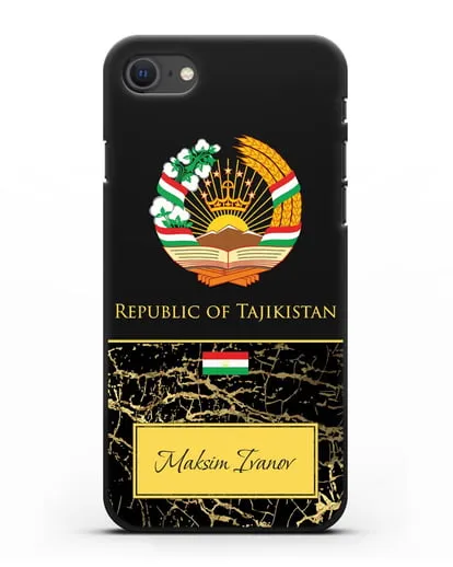 Чехол с гербом и флагом Республики Таджикистан с именем, фамилией на английском языке, черный мрамор силиконовый для iPhone SE 2020