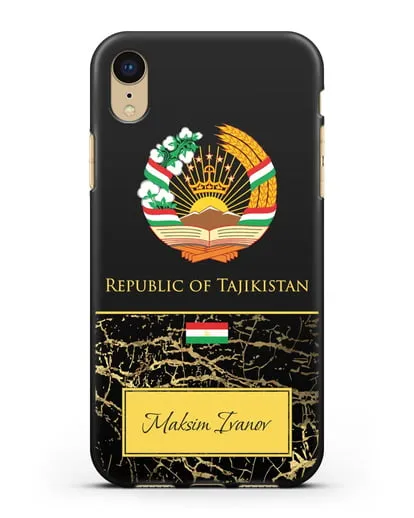 Чехол с гербом и флагом Республики Таджикистан с именем, фамилией на английском языке, черный мрамор силиконовый для iPhone XR