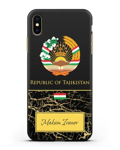 Чехол с гербом и флагом Республики Таджикистан с именем, фамилией на английском языке, черный мрамор силиконовый для iPhone XS Max