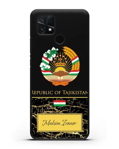 Чехол с гербом и флагом Республики Таджикистан с именем, фамилией на английском языке, черный мрамор силиконовый для Xiaomi Poco C40