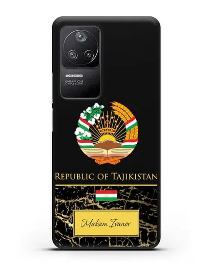 Чехол с гербом и флагом Республики Таджикистан с именем, фамилией на английском языке, черный мрамор силиконовый для Xiaomi Poco F4