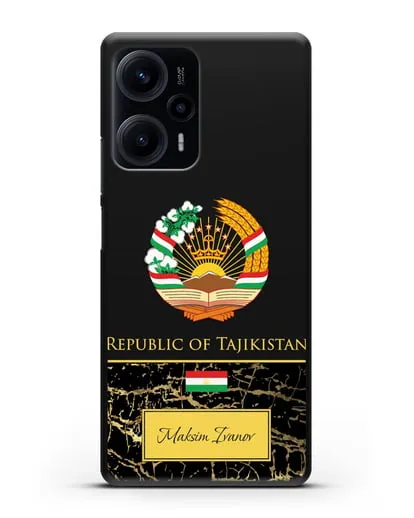 Чехол с гербом и флагом Республики Таджикистан с именем, фамилией на английском языке, черный мрамор силиконовый для Xiaomi Poco F5