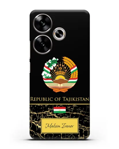 Чехол с гербом и флагом Республики Таджикистан с именем, фамилией на английском языке, черный мрамор силиконовый для Xiaomi Poco F6