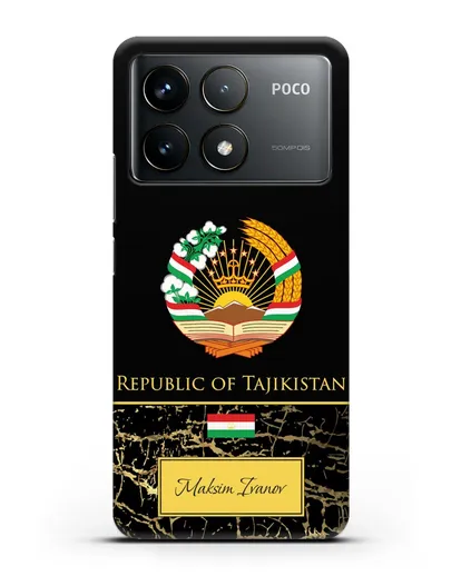 Чехол с гербом и флагом Республики Таджикистан с именем, фамилией на английском языке, черный мрамор силиконовый для Xiaomi Poco F6 Pro