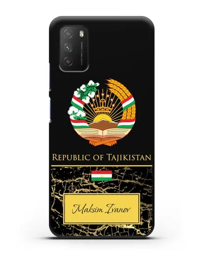 Чехол с гербом и флагом Республики Таджикистан с именем, фамилией на английском языке, черный мрамор силиконовый для Xiaomi Poco M3