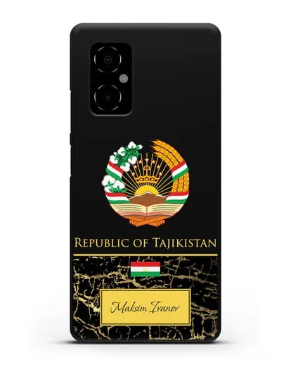 Чехол с гербом и флагом Республики Таджикистан с именем, фамилией на английском языке, черный мрамор силиконовый для Xiaomi Poco M4 5G