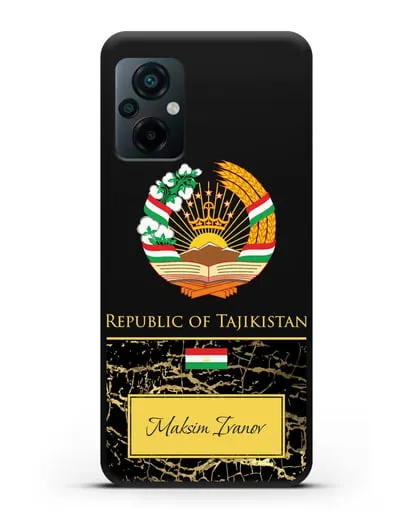 Чехол с гербом и флагом Республики Таджикистан с именем, фамилией на английском языке, черный мрамор силиконовый для Xiaomi Poco M5