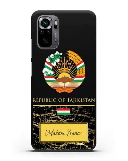 Чехол с гербом и флагом Республики Таджикистан с именем, фамилией на английском языке, черный мрамор силиконовый для Xiaomi Poco M5s