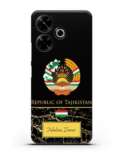 Чехол с гербом и флагом Республики Таджикистан с именем, фамилией на английском языке, черный мрамор силиконовый для Xiaomi Poco M6