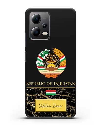 Чехол с гербом и флагом Республики Таджикистан с именем, фамилией на английском языке, черный мрамор силиконовый для Xiaomi Poco X5