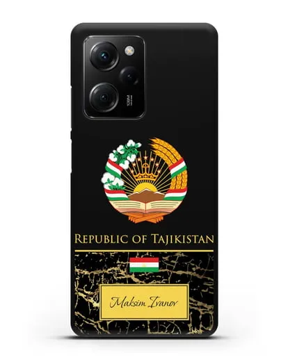 Чехол с гербом и флагом Республики Таджикистан с именем, фамилией на английском языке, черный мрамор силиконовый для Xiaomi Poco X5 Pro