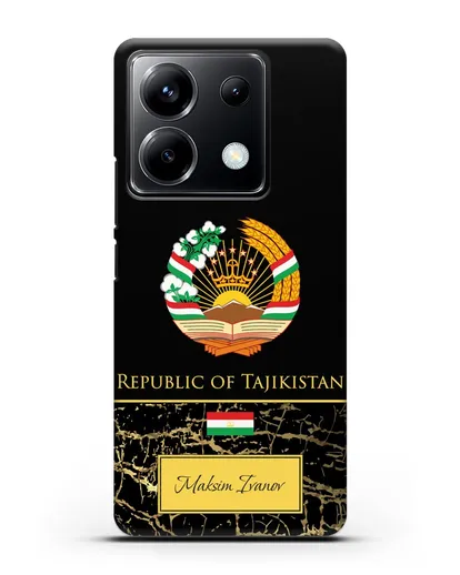 Чехол с гербом и флагом Республики Таджикистан с именем, фамилией на английском языке, черный мрамор силиконовый для Xiaomi Poco X6