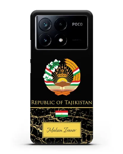 Чехол с гербом и флагом Республики Таджикистан с именем, фамилией на английском языке, черный мрамор силиконовый для Xiaomi Poco X6 Pro
