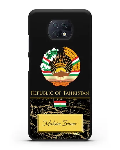 Чехол с гербом и флагом Республики Таджикистан с именем, фамилией на английском языке, черный мрамор силиконовый для Xiaomi Redmi Note 9T