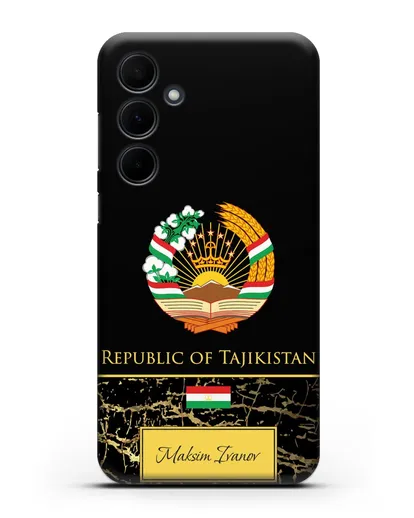 Чехол с гербом и флагом Республики Таджикистан с именем, фамилией на английском языке, черный мрамор силиконовый для Samsung Galaxy A55 [SM-A556]
