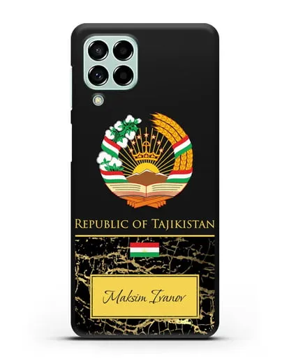 Чехол с гербом и флагом Республики Таджикистан с именем, фамилией на английском языке, черный мрамор силиконовый для Samsung Galaxy M53 [SM-M536]