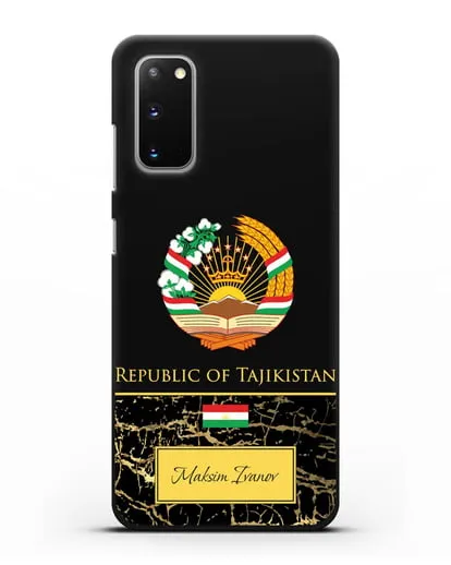 Чехол с гербом и флагом Республики Таджикистан с именем, фамилией на английском языке, черный мрамор силиконовый для Samsung Galaxy S20 [SM-G980F]