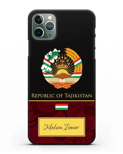 Чехол с гербом и флагом Республики Таджикистан с именем, фамилией на английском языке, красный мрамор силиконовый для iPhone 11 Pro Max