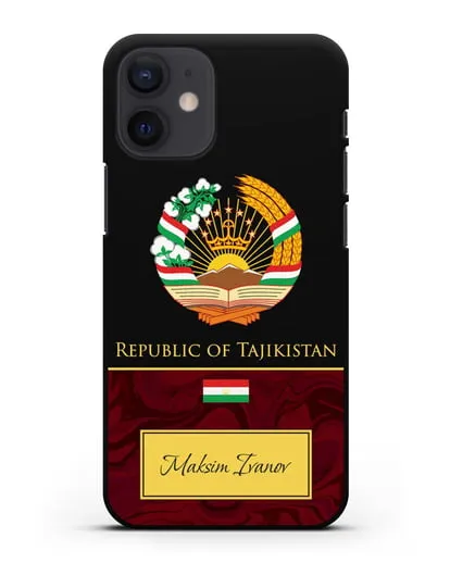 Чехол с гербом и флагом Республики Таджикистан с именем, фамилией на английском языке, красный мрамор силиконовый для iPhone 12 mini
