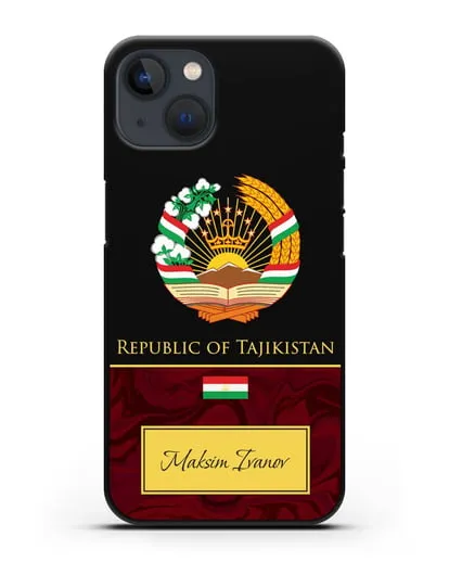Чехол с гербом и флагом Республики Таджикистан с именем, фамилией на английском языке, красный мрамор силиконовый для iPhone 13