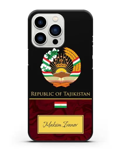 Чехол с гербом и флагом Республики Таджикистан с именем, фамилией на английском языке, красный мрамор силиконовый для iPhone 13 Pro